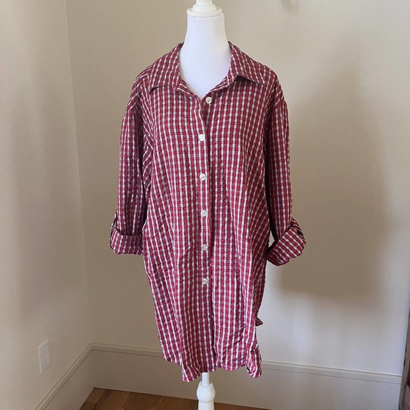 Vtg Lady Lori Womens Red Plaid Tunic Top Sz XL Lagenlook Button Up Lumberjack - Picture 1 of 15